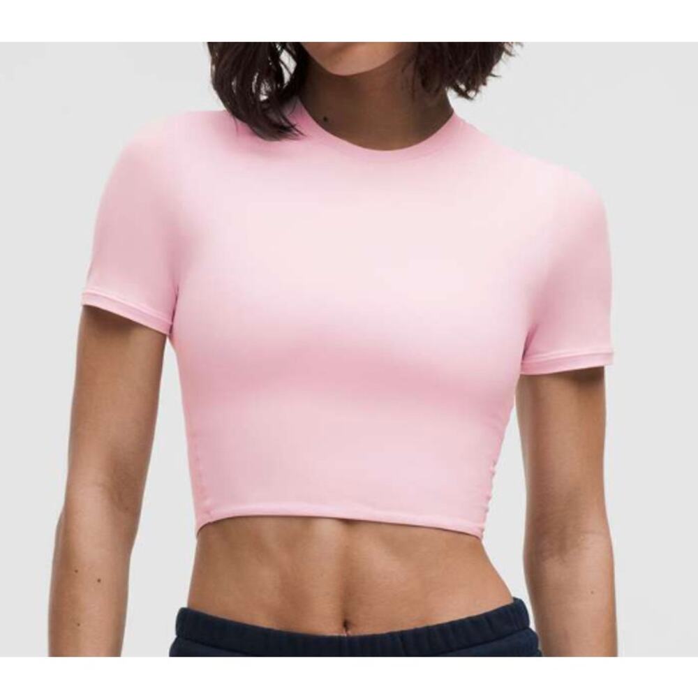 6403-LULULEMON Wundermost Ultra-Soft Nulu Crewnk Cropd T-Shirt Pink Organza Sz M